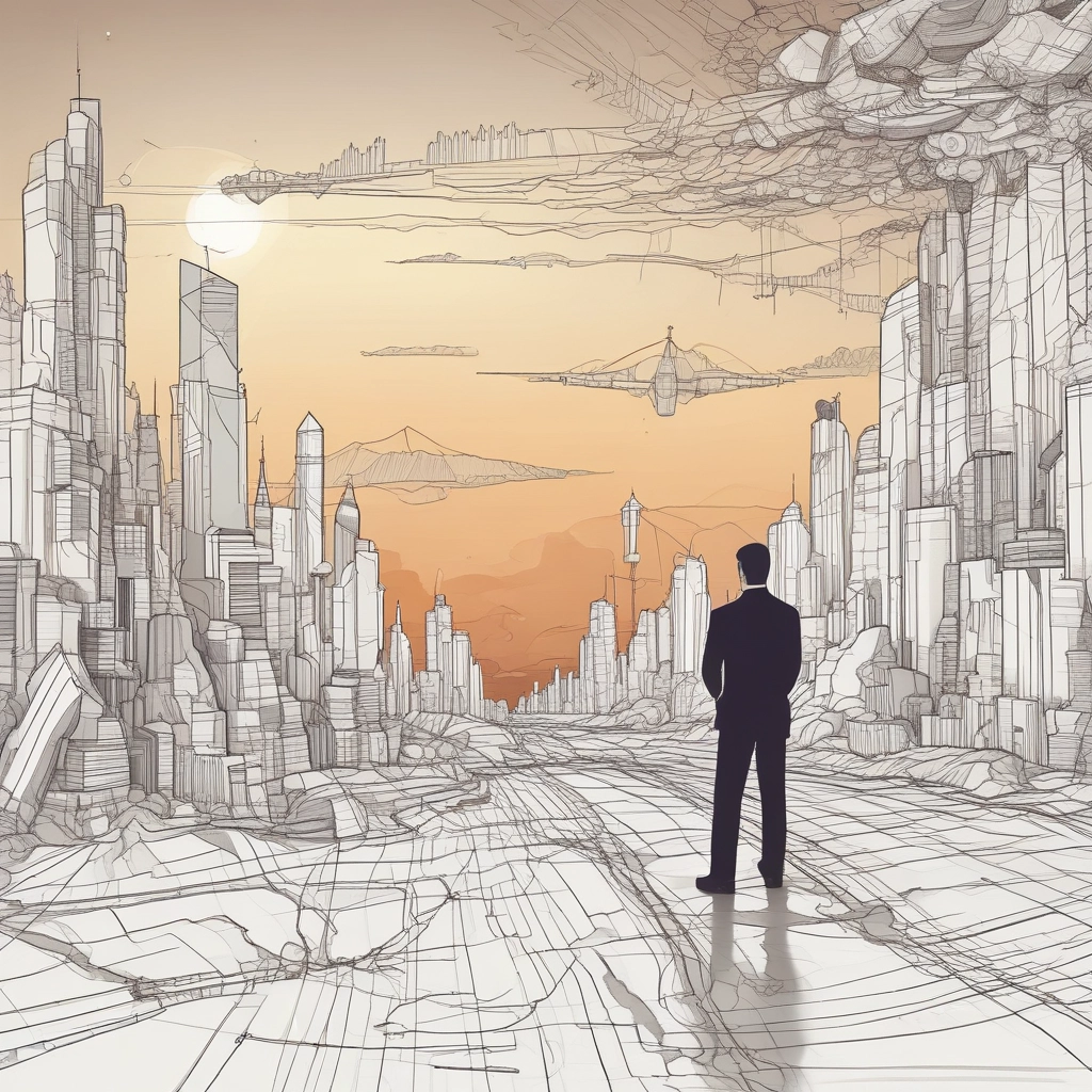 An architectural structure with a curved, wooden facade is set against a clear blue sky. The modern building is surrounded by other high-rise buildings under construction, with cranes visible in the background. There is a large open plaza area in front of the building, partially shaded.